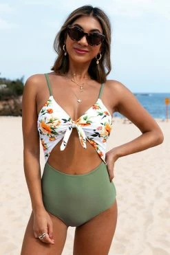 CUPSHE Green And Floral Knotted One Piece Swimsuit