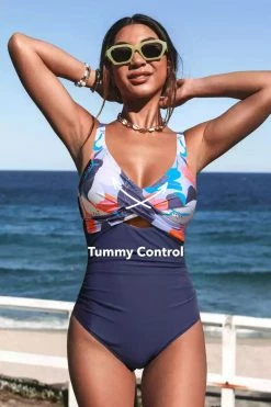 CUPSHE Deep Ocean Wrap Front Cutout Tummy Control One Piece Swimsuit