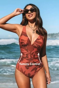 CUPSHE Former Day Leaves V-Neck Cross Back One Piece Swimsuit One Pieces