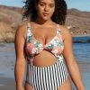CUPSHE Floral And Striped Cutout Knotted Plus Size One Piece Swimsuit One Pieces