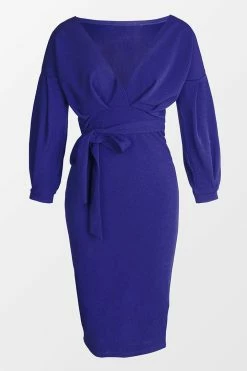 CUPSHE Clothing Chyna Blue 3/4 Sleeve Tie Waist Tea Length Dress