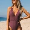 CUPSHE Downy Rib Plunge Wraparound Lace-Back One Piece Swimsuit