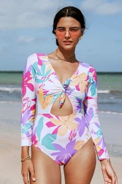 CUPSHE One Pieces Multi Spring Bunny Tie Cutout Long Sleeve One Piece Swimsuit