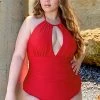 CUPSHE Joyful Retro High Neck Keyhole Tummy Control Red Plus Size One Piece One Pieces