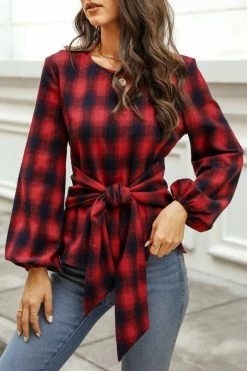 CUPSHE Clothing Helah Belted Buffalo Plaid Top