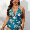 CUPSHE Fantasy Teal Flowers Plunge Ruched Plus Size One Piece Swimsuit