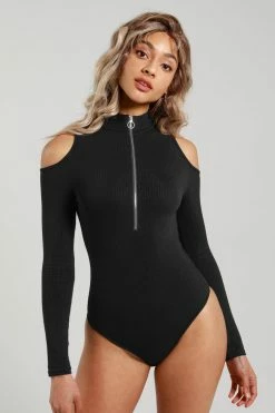 CUPSHE Tamia Zip-up Cold Shoulder Long Sleeve Bodysuit Clothing