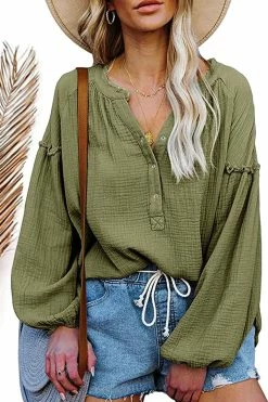 CUPSHE The Fall Seersucker Split Neck Button-Front Ruffled Top Clothing