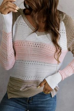 CUPSHE Sweet Tea Striped Open-Knit Long Sleeve Hooded Pullover