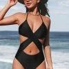 CUPSHE Braelynn Black Halter Criss Cross Back Tie Black One Piece Swimsuit One Pieces