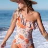 CUPSHE Romantic Flower Ruffled One Shoulder One Piece Swimsuit