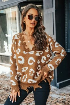 CUPSHE Liana Leopard Print Frayed Sharkbite Sweater Clothing
