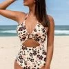 CUPSHE Spotted Flower Strappy Plunge Halter Cutout One Piece Swimsuit