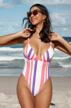 CUPSHE One Pieces Luminescent V-Neck Paneled Stripes One Piece Swimsuit