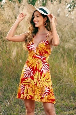 CUPSHE Royal Thin Strap Tropical Plants A-Shape Dress Clothing