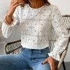 CUPSHE Happy Weekend Embroidered Floral Eyelet Long Sleeve Blouse Clothing