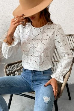 CUPSHE Happy Weekend Embroidered Floral Eyelet Long Sleeve Blouse Clothing
