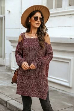 CUPSHE Clothing Brandy Marled Knit Open-Shoulder Sweater
