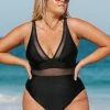 CUPSHE Omniscient Solid Mesh Panel Tummy Control Black Plus Size One Piece One Pieces