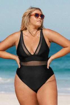 CUPSHE Omniscient Solid Mesh Panel Tummy Control Black Plus Size One Piece One Pieces
