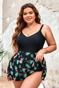 CUPSHE One Pieces Palm Beach Nights V Neck Plus Size Swimdress