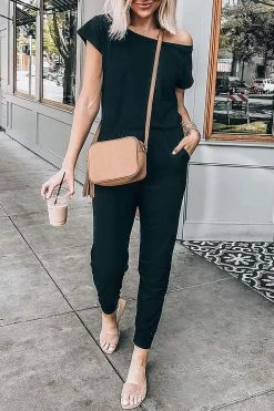 CUPSHE Davina Black One Shoulder Loose Jumpsuit