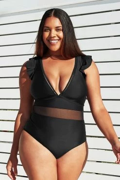 CUPSHE One Pieces Black Ruffle Plunge V Neck Plus Size One Piece Swimsuit