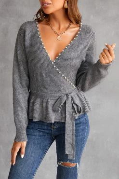CUPSHE Clothing Ennis Belted Faux Pearl Sweater