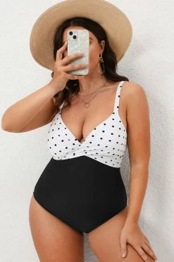 Cheapcupshe Store 31 CUPSHE Yacht Dot Colorblock Tie Back Plus Size One Piece Swimsuit One Pieces