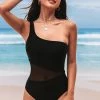 CUPSHE Forest Adventure Solid Mesh One Shoulder Black One Piece Swimsuit One Pieces