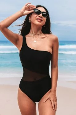 CUPSHE Forest Adventure Solid Mesh One Shoulder Black One Piece Swimsuit One Pieces