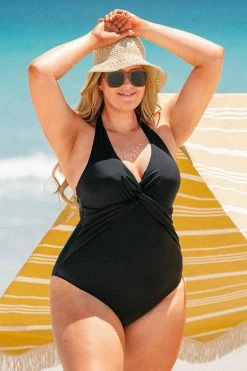 CUPSHE One Pieces Seaside Holiday Twist Front Tummy Control Black Plus Size One Piece