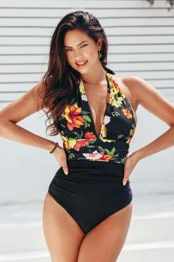 CUPSHE One Pieces Floral And Black Plunge Halter One-Piece Swimsuit
