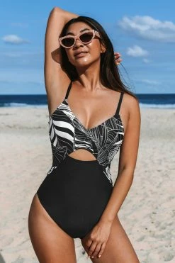CUPSHE Block Leaves Ruched Cutout One Piece Swimsuit