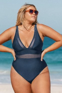 CUPSHE Omniscient Navy Solid Wrap Front Plus Size One Piece Swimsuit