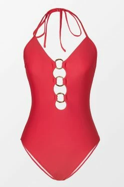 CUPSHE Joyful Retro Solid Ring Front Red One Piece Swimsuit One Pieces