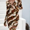 CUPSHE Addy Marble Print Cowl Neck Long Sleeve Midi Dress Clothing