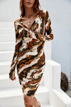 CUPSHE Addy Marble Print Cowl Neck Long Sleeve Midi Dress Clothing