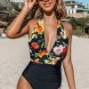 CUPSHE One Pieces Floral And Black Plunge Halter One-Piece Swimsuit