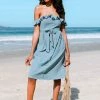 CUPSHE Clothing Magdalena Blue Off Shoulder Ruffle Tea Length Dress