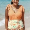 CUPSHE Relaxing Flowers Faux Bow Tummy Control Plus Size One Piece