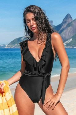 CUPSHE One Pieces Paluma Black Ruffled Plunge One Piece Swimsuit