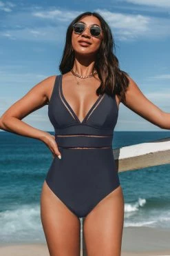 CUPSHE Essential Space Plunge Ladder Trim Monokini Dark Navy Swimsuit One Pieces