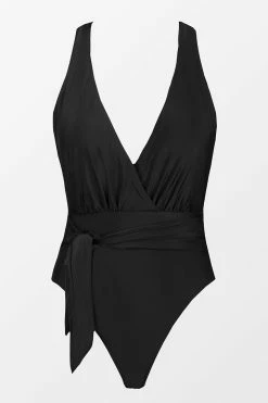 CUPSHE Brianne Tie Front Plunging Black One Piece Swimsuit