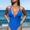 CUPSHE Sea Surface Texture Deep V Wire Cheeky One Piece Swimsuit