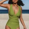 Cheapest 🛒 CUPSHE One Pieces Essential Space Plunge Back Tie Shirred One Piece 🩱 Swimsuit ❤️ 1 CUPSHE One Pieces Essential Space Plunge Back Tie Shirred One Piece Swimsuit