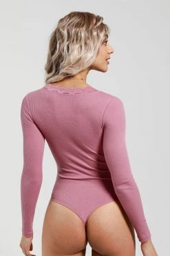 CUPSHE Leann Rib Lace Trim Long Sleeve Bodysuit Clothing