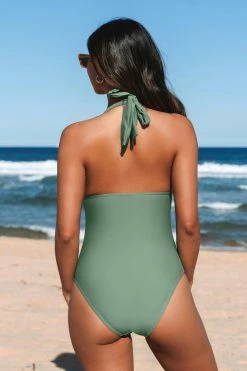CUPSHE Plunging Halter Shirred Green One Piece Swimsuit One Pieces