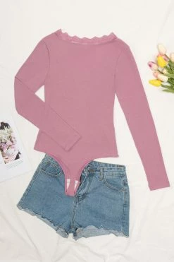 CUPSHE Leann Rib Lace Trim Long Sleeve Bodysuit Clothing