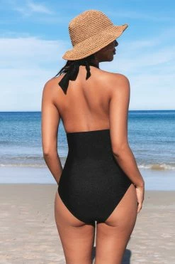 CUPSHE Plunge Halter Tie Back Shirred One Piece Swimsuit